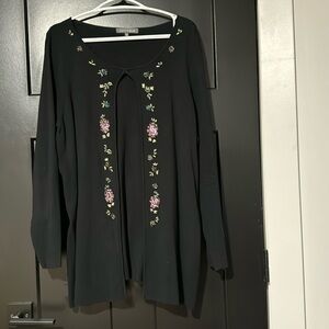 Addition Elle Black Knit Long Closed Cardigan With Floral Beading